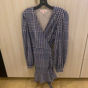 Blue and white Leyden wrap dress with balloon sleeves
